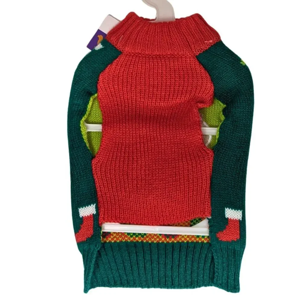 Kimee Small Dog Red & Green Novelty Ugly Christmas Holiday Santa Sweater NWT